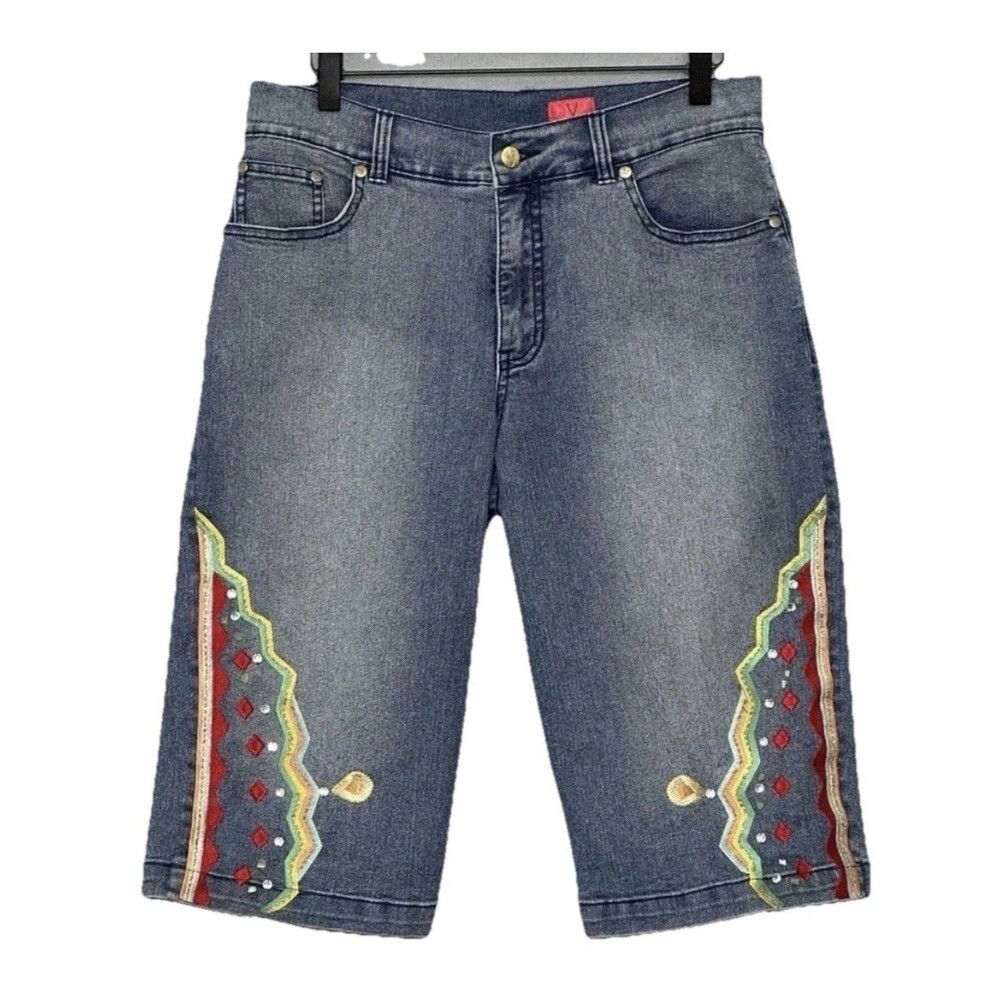 V Cristina Capri Jeans Women Size 10 Denim 80’s Embroidered Hippie Festival Boho